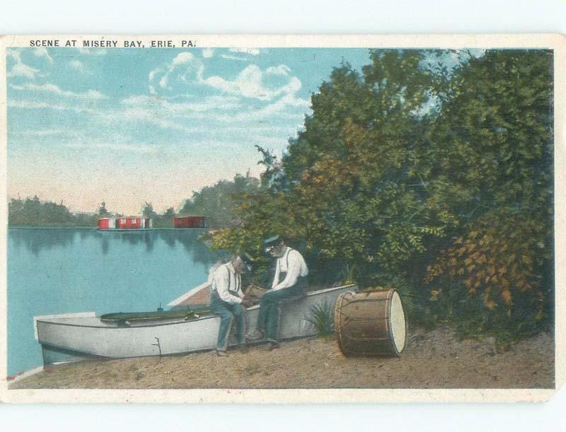 W-Border BOAT ON SHORELINE OF MISERY BAY Erie Pennsylvania PA E9511