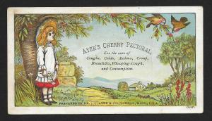 VICTORIAN TRADE CARD Ayers Cherry Pectoral Girl & Birds at Tree