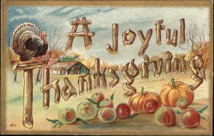 Thanksgiving Pumpkins Apple Turkey Unique Lettering c1900-20s Vintage Postcard
