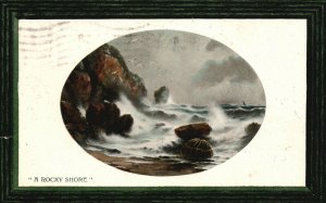 Vintage Postcard 1909 View of a Rocky Shore Big Waves Sea Ocean Nature