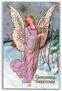 Coshocton Ohio OH Postcard Christmas Greetings Angel Harp Embossed 1910 Antique