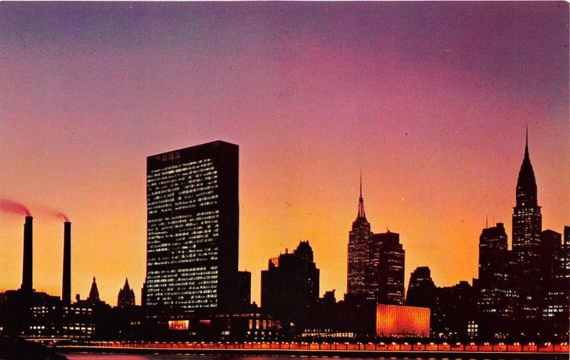 New York City~United Nations Headquarters~Empire State Building @ Night~1960s Pc