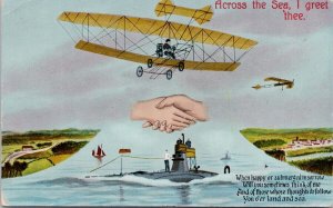 Across The Sea I Greet Thee Early Aviation Submarine Hands England Postcard H26
