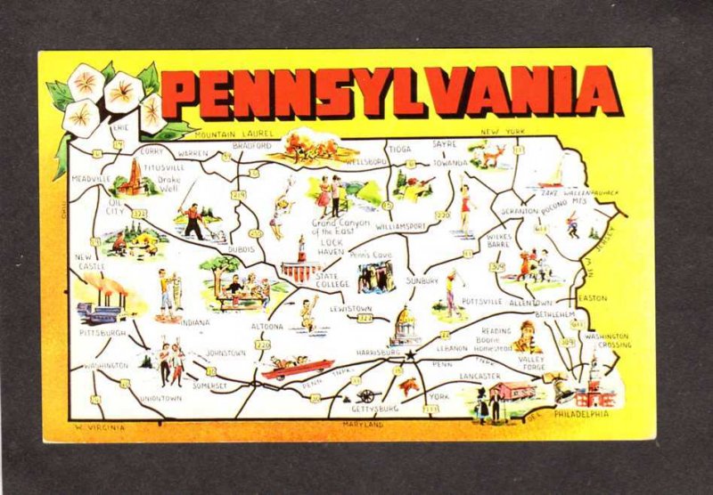 PA Greetings From Pennsylvania State Map Postcard Harrisburg Altoona Tioga