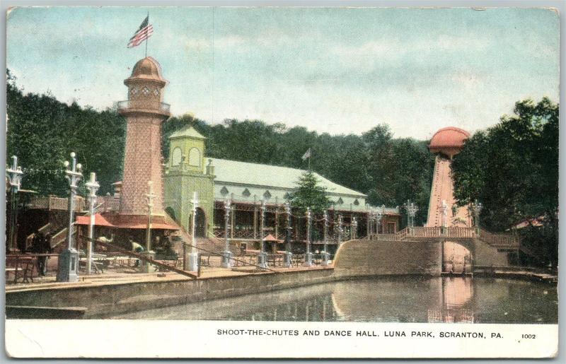 SCRANTON PA LUNA PARK SHOOT THE CHUTES & DANCE HALL 1908 ANTIQUE POSTCARD