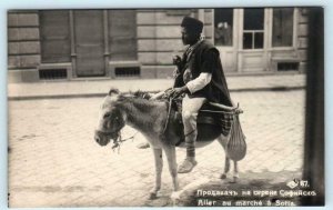 RPPC  SOFIA, BULGARIA ~ Cheese? Seller going to MARKET Donkey 1930   Postcard