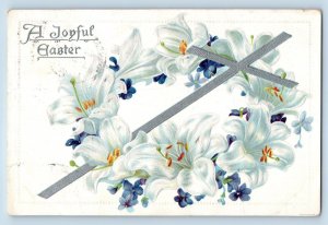 Easter Postcard Silver Cross Lily Flowers Embossed Tuck 1910 Posted Antique