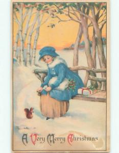 Pre-Linen christmas CUTE GIRL ON BENCH FEEDS SQUIRREL W7265