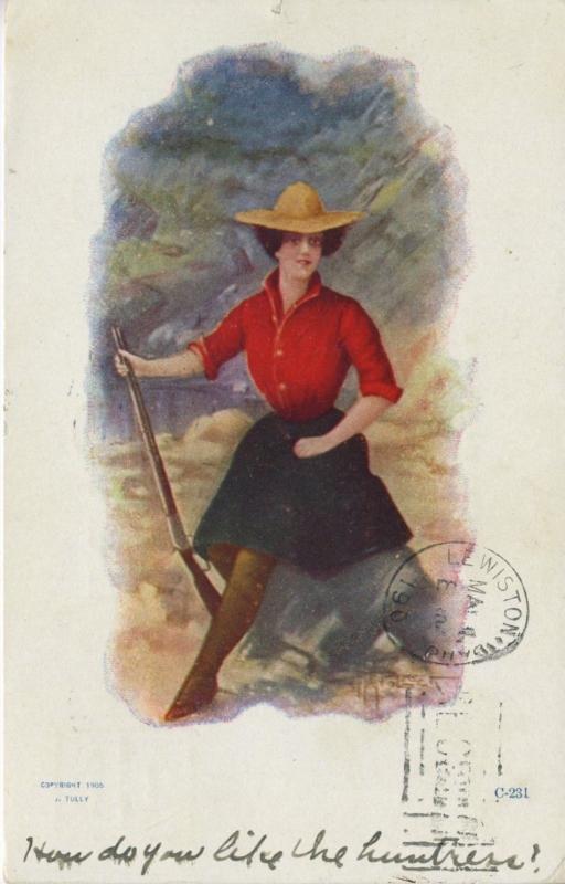 Woman With Gun Sitting On Rock ~ Cowgirl Western Theme J.Tully c1907 Postcard