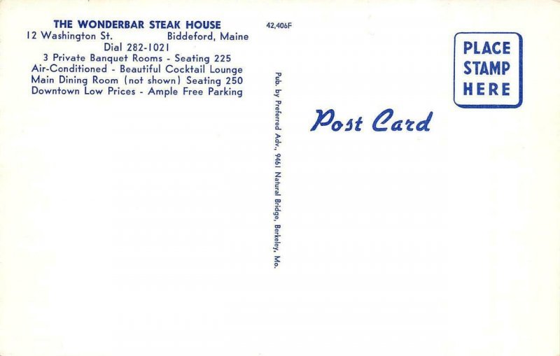 BIDDEFORD, Maine ME   WONDERBAR STEAK HOUSE RESTAURANT & BAR  Roadside  Postcard