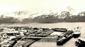 Vintage 1950's RPPC Postcard Panoramic View Town & Ship at Dock Seward Alaska