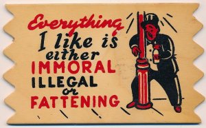 Wooden Postcard Immoral Illegal or Fattening Mailed from Front Royal VA pm 1955