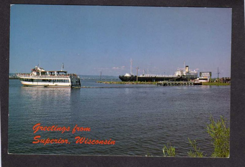 WI Greetings From Superior Wisconsin Postcard Cruise Ship SS Meteor