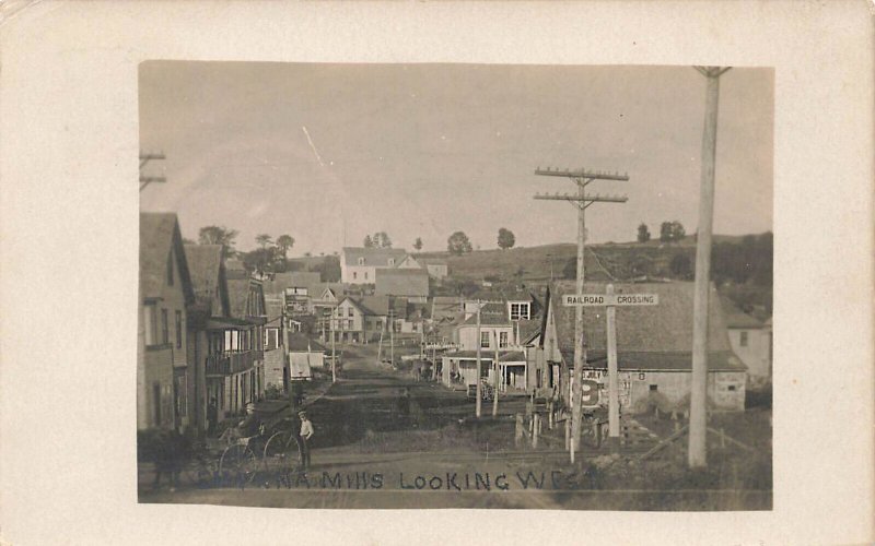 Smyrna Mills ME Looking Downtown Railroad Crossing, Real Photo Postcard