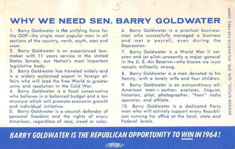 Senator Barry Goldwater Republican Presidential Election Non PC Back AA9661