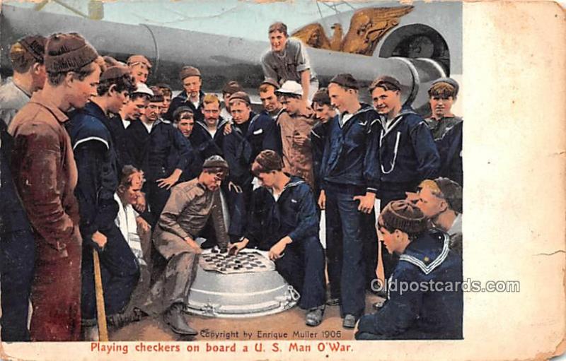 Playing Checkers on Board a US Man O'War Military Battleship 1910 Missing Sta...