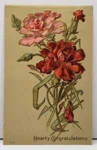 Hearty Congratulations Embossed Flowers with Gilded Trim 1909 Kansas Postcard E3