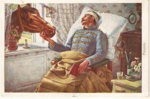 iInjured soldier and dog. Friends Curious antique German postcard