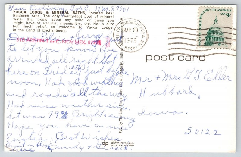 Truth Or Consequences NM~Business Area~Yucca Lodge~Mineral Baths~Flag~1978 PC