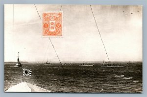 JAPANESE FLEET SHIPS w/ NAVAL FLAG ANTIQUE REAL PHOTO POSTCARD RPPC w/ STAMP