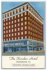 Waukegan Illinois Postcard Karcher Hotel Exterior Building c1940 Vintage Antique