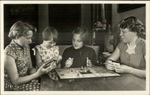 Kids Girls Playing Game Board Game View of Pieces 1956 Real Photo Postcard