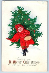 Christmas Postcard Boy With Christmas Tree With All The Trimmins Embossed c1910s