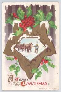 John Winsch~c1910~A Merry Christmas~Holly Berries~Horses In The Snow~Vintage PC