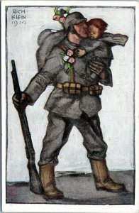 postcard Germany WWI Rich Klein 1914 - Soldier and Child