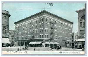 Bloomington Illinois IL Postcard Illinois Hotel Building Car Horse Carriage 1918