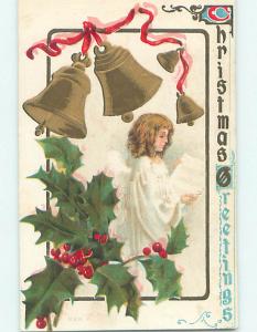 Pre-Linen christmas PRETTY ANGEL HOLDS SHEET MUSIC UNDER RINGING BELLS HQ6888