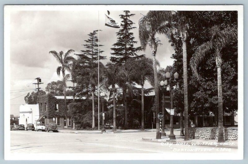 RPPC WHITTIER CALIFORNIA*CA*CITY HALL*PALM TREES*BARTON STUDIO PHOTO POSTCARD