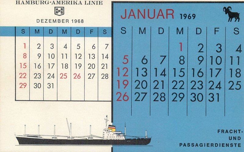 Postcard Hamburg - America Line cargo ship calendar 1968 December 1969 January