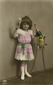 Happy New Year, Sweet Curly Girl, Champagne (1917) Hand Painted RPPC