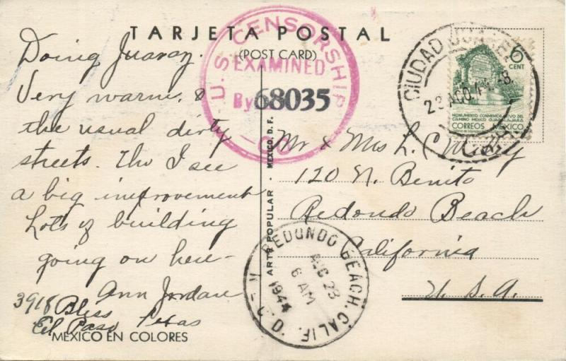 Mexico en Colores, Sent from Ciudad Juarez, US Censorship 68035 (1944) Postcard