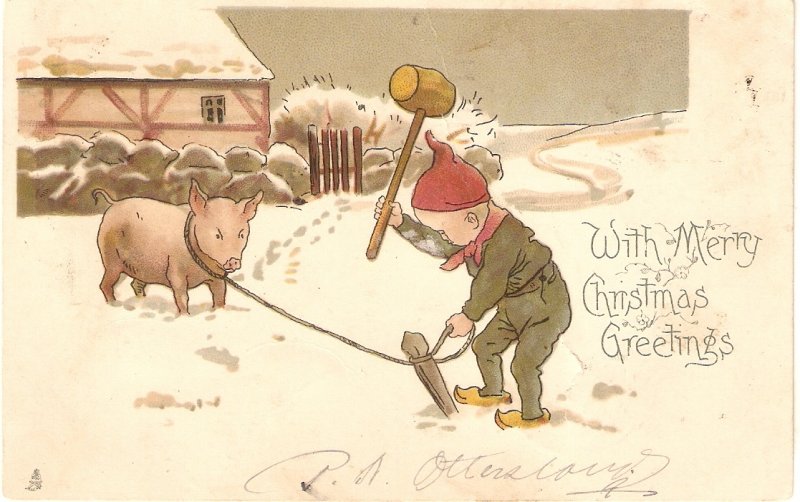 Winter scene. Boy and pig Curious Tuck christmas Series PC # 1760