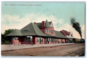 1913 Southern Pacific Depot Exterior Locomotive Train Fresno California Postcard