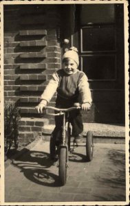 Little Boy Vintage Children's Clothing Tricycle Real Photo Vintage Postcard