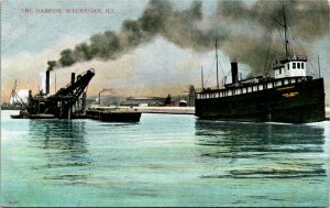 Postcard IL Waukegan The Harbor Steamer Barge Factories ~1910 M70