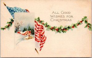 Postcard Gibson Patriotic Christmas - US Flag with Holly on winter village scene