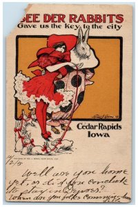 1905 Woman Bee Der Rabbits Anthropomorphic Cedar Rapids Iowa IA Antique Postcard