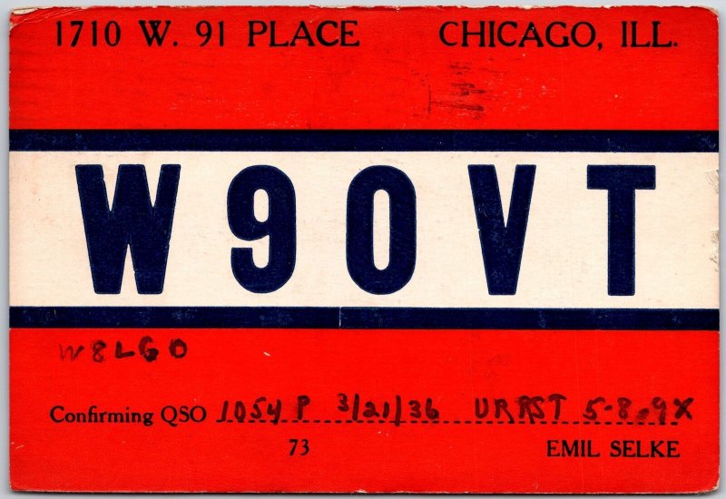 1936 QSL Radio Card  W90VT Chicago IL Amateur Radio Station Posted Postcard
