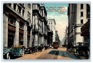 c1910 St. James St. Post Office, Transportation Bldg Trolley Car Canada Postcard