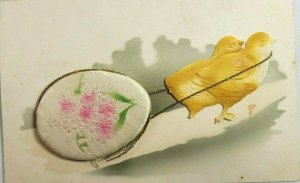 Vintage Postcard 1910's  Two Chicks Pulling Egg Raised Pink Flower Egg