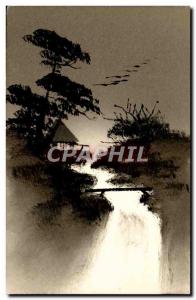 Old Postcard Japan Nippon trees Waterfall