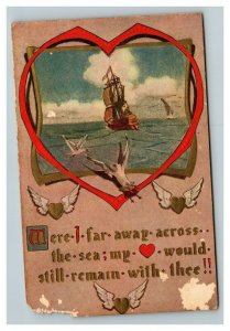 Vintage 1910's Valentines Postcard Flying Gold Hearts Doves Ship Sailing NICE