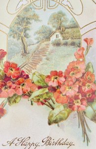Antique 1900s German Birthday Postcard Flowers Gold-etched Farmhouse J B & Co.