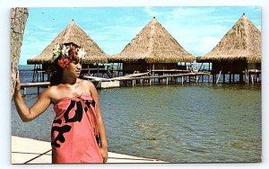 MOOREA, TAHITI ~ Young WOMAN & THATCHED BUNGALOWS 1971  Postcard