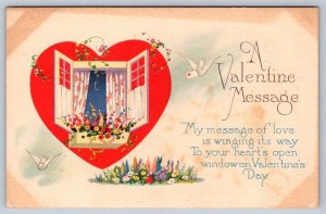 Doves With A Valentine Message, Flowers, Window In A Heart, Vintage Postcard