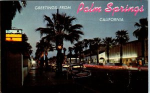 PALM SPRINGS, CA  Night STREET SCENE c1950s Cars Roadside Postcard